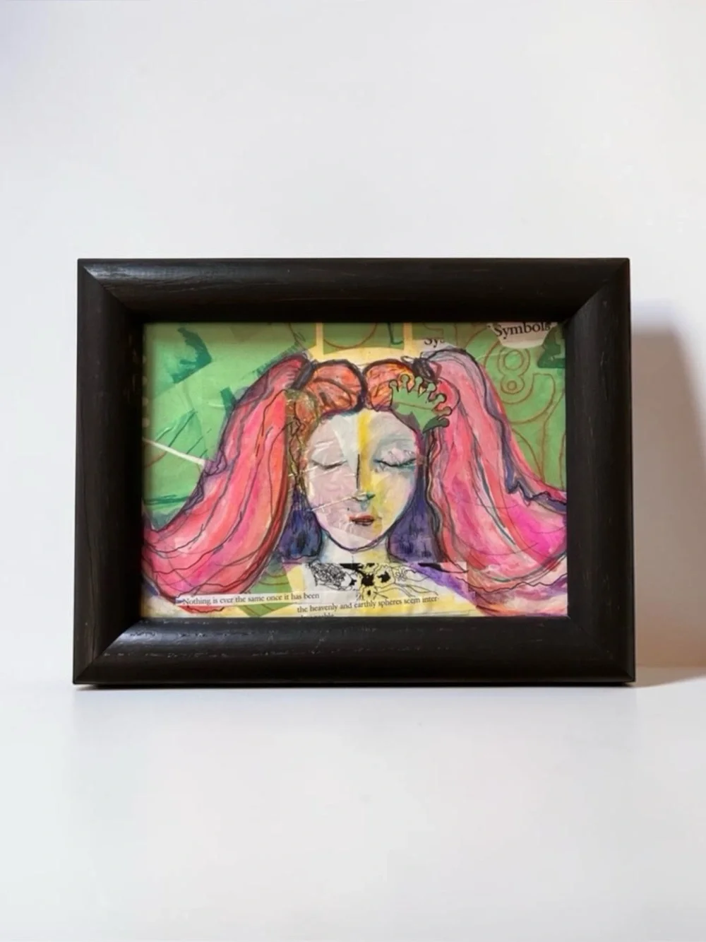 Handmade Framed Pink & Green Original Art Girl Power Gift Dorm Ready BTC 5x7 Art
